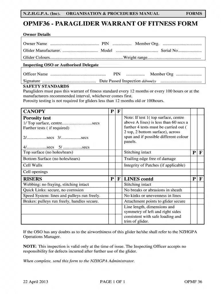OPMF36 - PARAGLIDER AW RRANT OF FITNESS FORM - db nzhgpa org Preview on Page 1