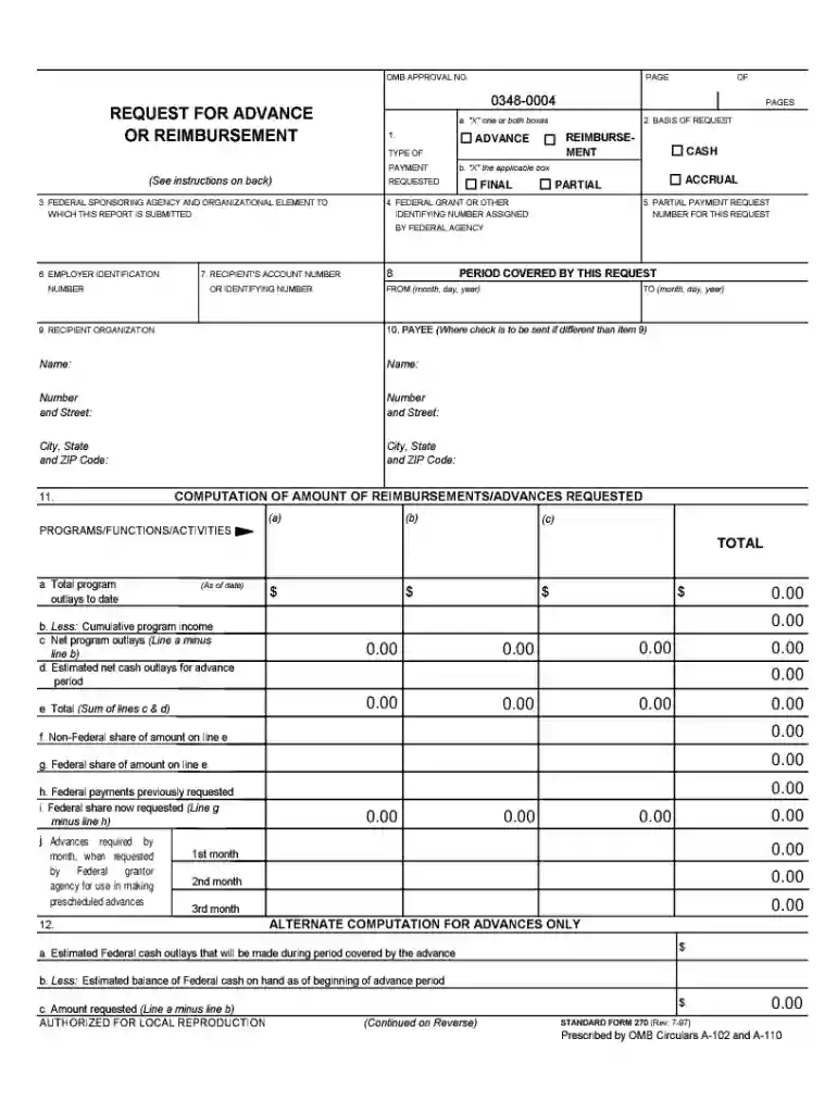Form SF-270 Request for Advance or Reimbursement Preview on Page 1