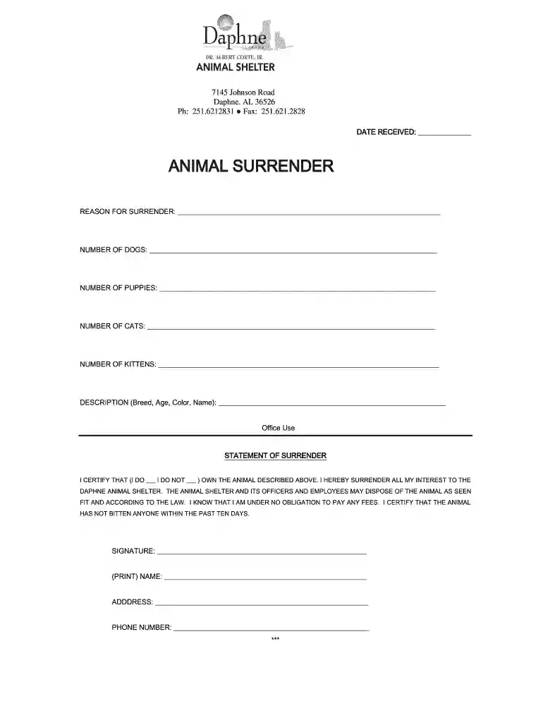 free printable animal surrender form Preview on Page 1
