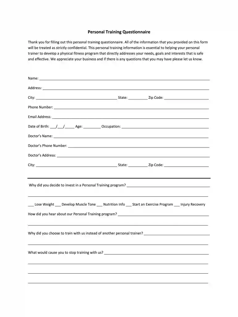 personal training consultation questionnaire Preview on Page 1