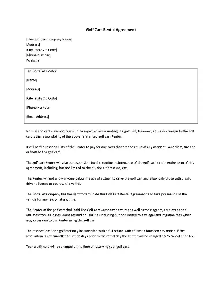 golf cart rental agreement pdf Preview on Page 1