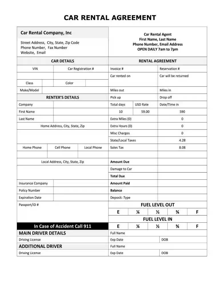 rental car agreement details Preview on Page 1