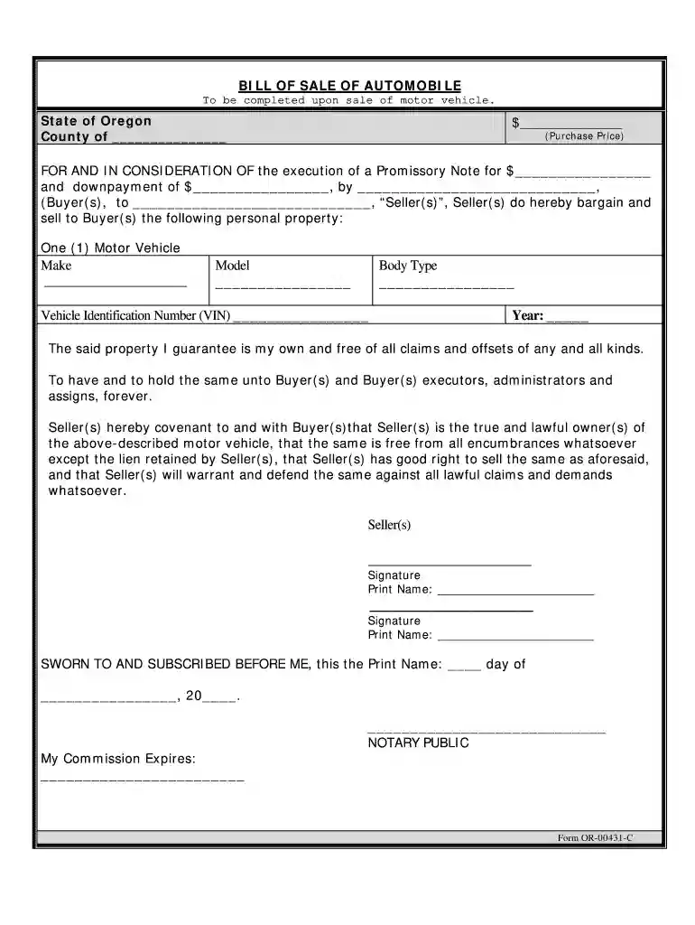 auto bill of sale oregon Preview on Page 1