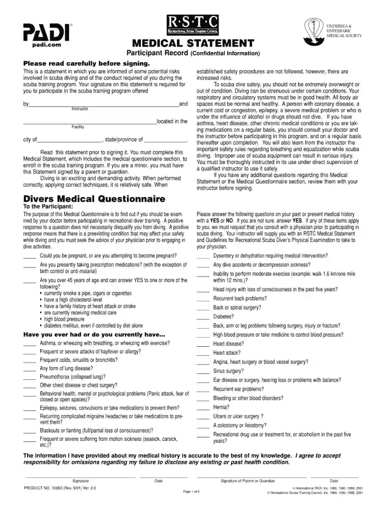 padi medical form Preview on Page 1