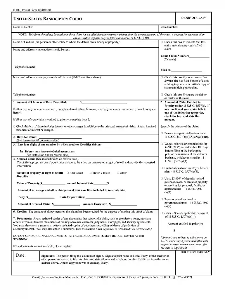 proof of claim form 2010 Preview on Page 1