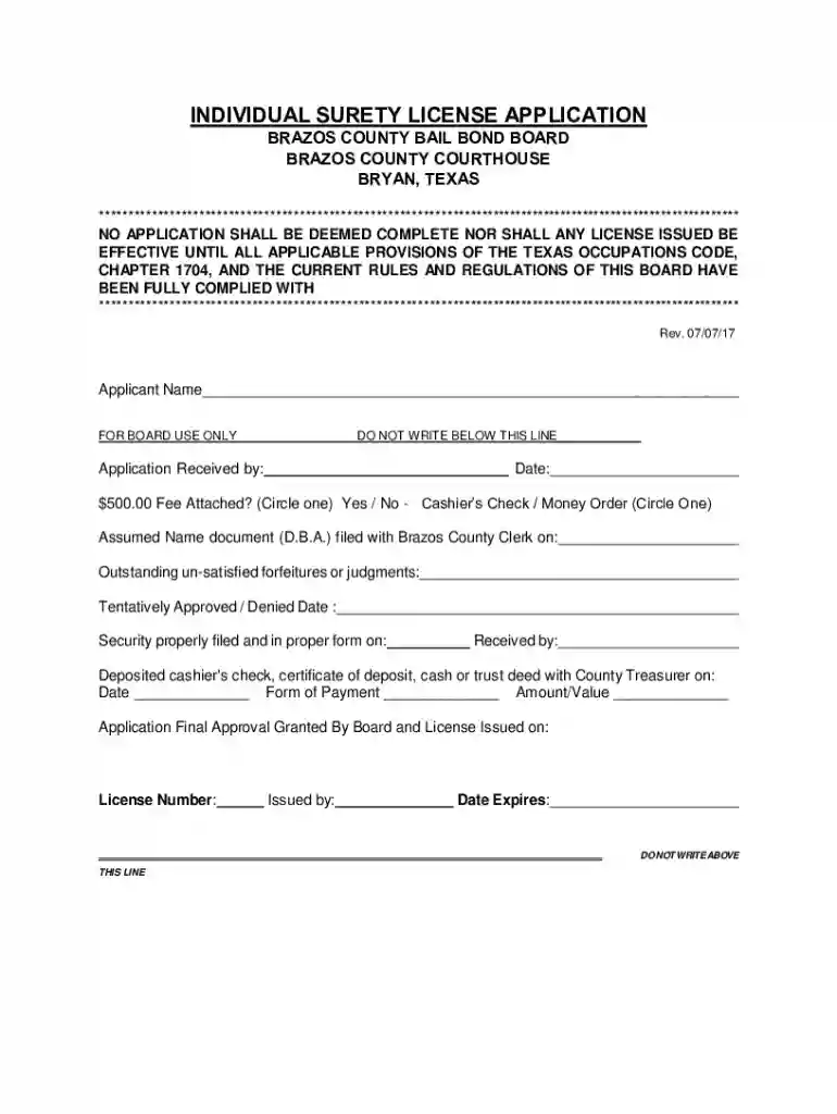 INDIVIDUAL bSURETYb LICENSE bAPPLICATIONb BRAZOS COUNTY bb Preview on Page 1