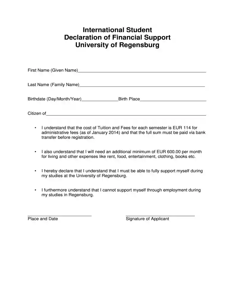 declaration of financial support Preview on Page 1