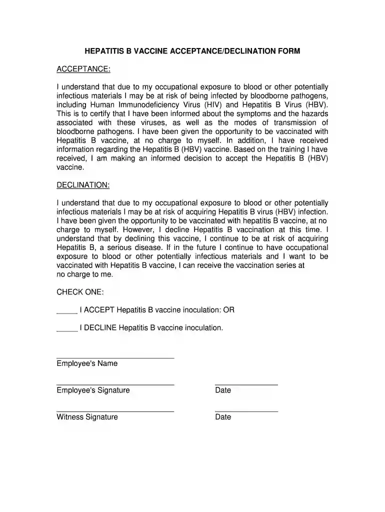 hepatitis b declination form Preview on Page 1