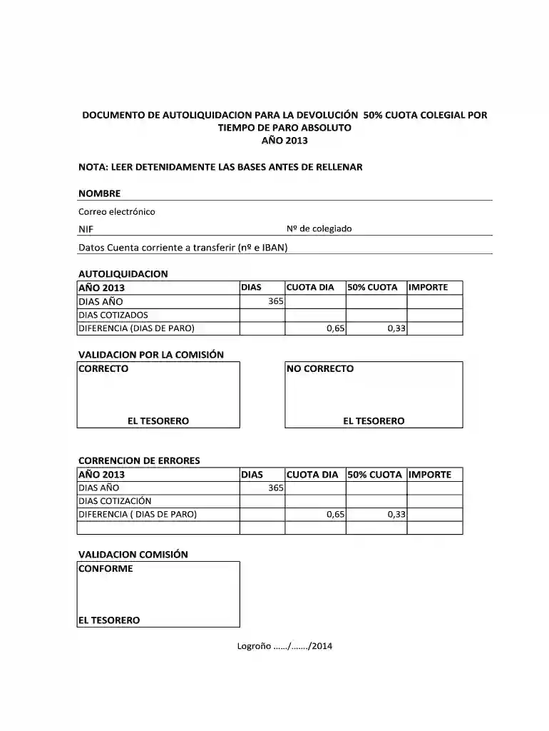 DOCUMENTO DE AUTOLIQUIDACION PARA LA DEVOLUCIN 50 CUOTA COLEGIAL POR TIEMPO DE PARO ABSOLUTO Vista previa en la página 1