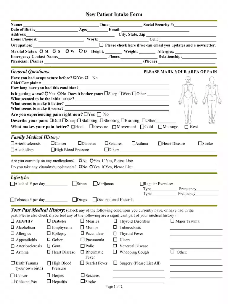 acupuncture intake form template free Preview on Page 1