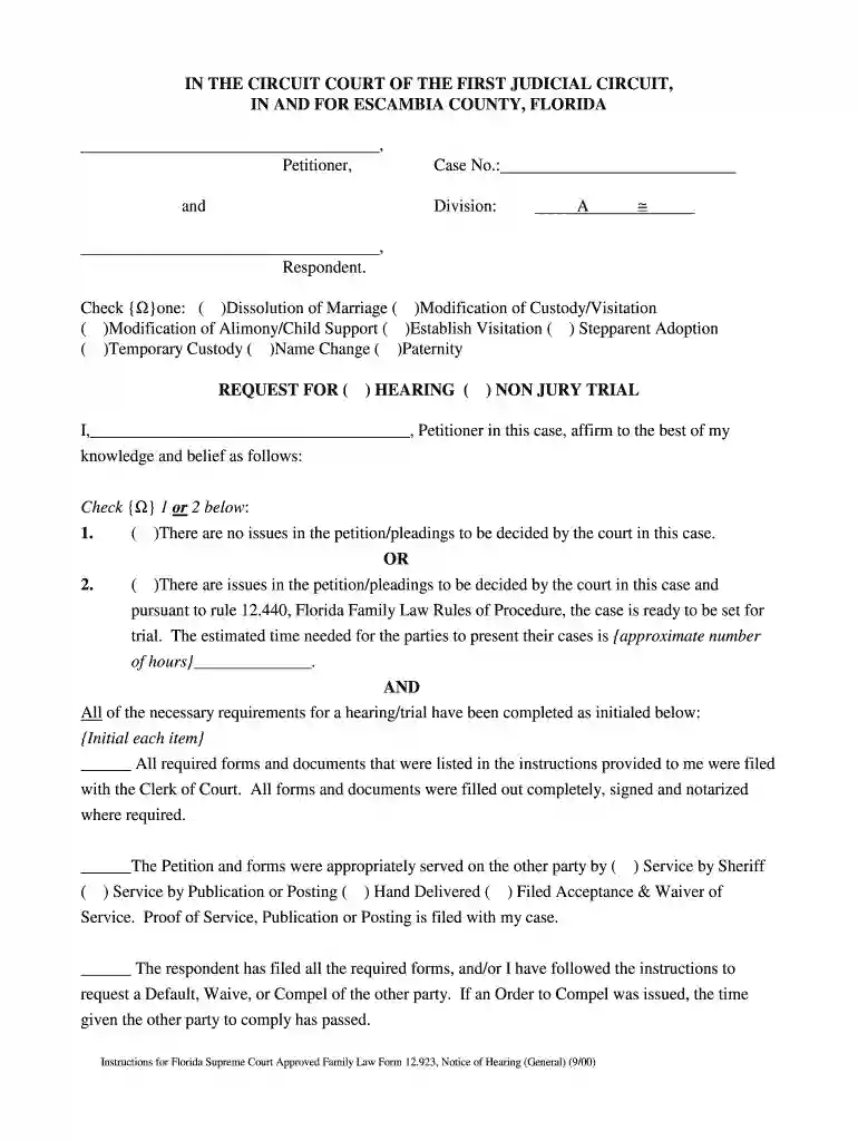 19 - Request Hearing orTrial Escambia doc Florida Supreme Court Approved Family Law Form 12 902(d) Preview on Page 1
