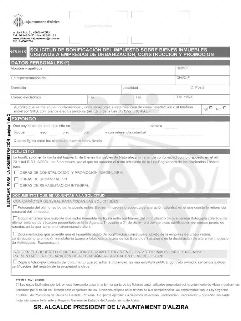 Solicitud de bonificacin sobre el impuesto de bienes inmuebles urbanos Vista previa en la página 1