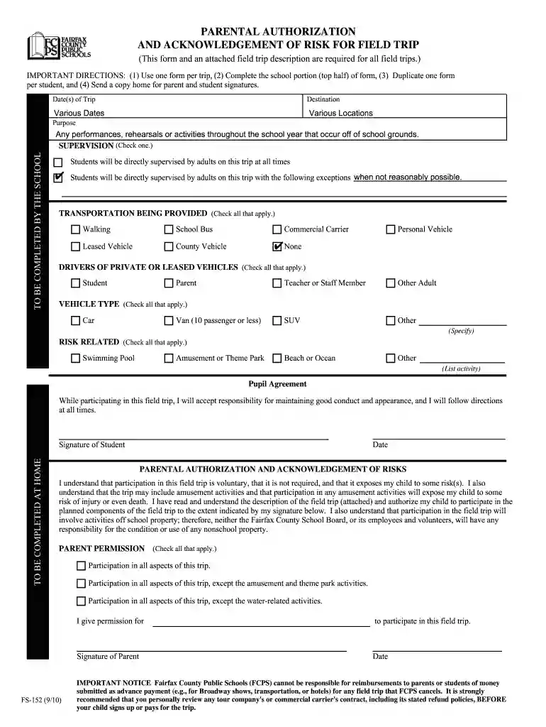 fcps field trip form Preview on Page 1