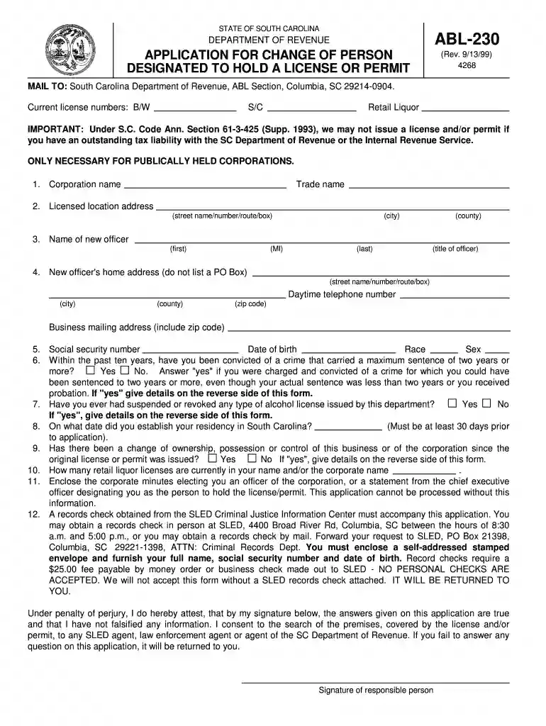 state of south carolina notice of ownership change abl Preview on Page 1