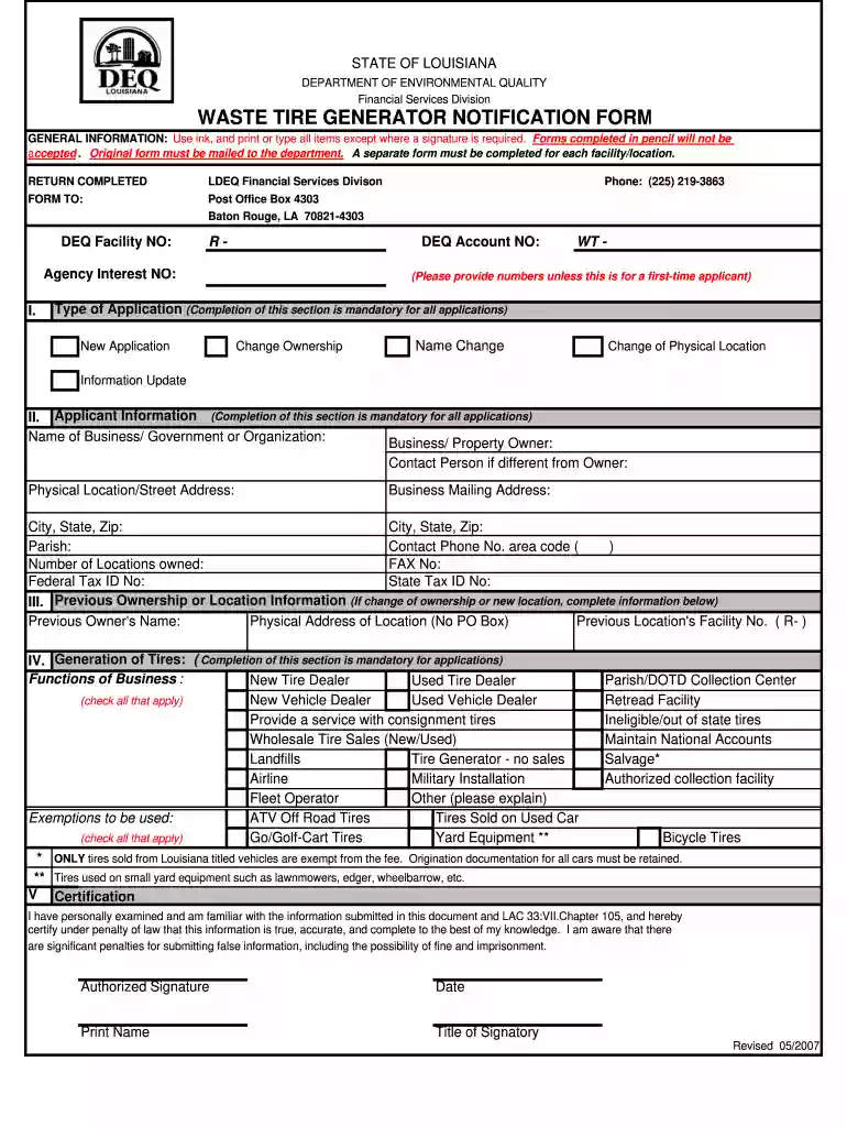 Louisiana Waste Tire Generator Notification Form - ldeq Preview on Page 1