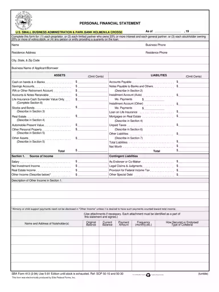 sba form 413 Preview on Page 1