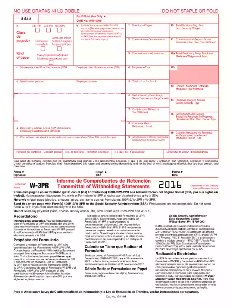 2016 Form W-3 (PR). Transmittal of Withholding Statements (Puerto Rico) Preview on Page 1