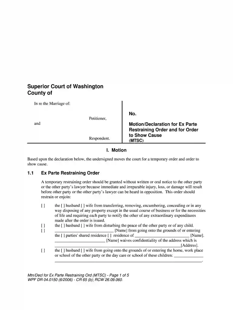 Mtn and Decl Ex Parte Restrain Ord Ord Show Cause - Washington - courts wa Preview on Page 1