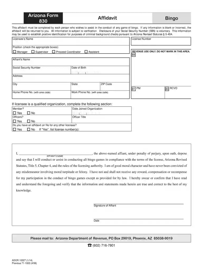 Arizona Form 830. (Bingo) Affidavit - azdor Preview on Page 1