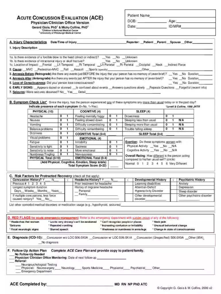 ACUTE CONCUSSION EVALUATION ACE ACE-ED Completed by - cdc Preview on Page 1