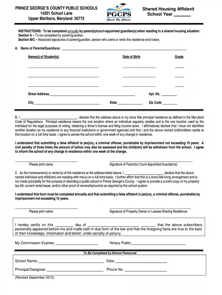 pgcps shared housing form Preview on Page 1
