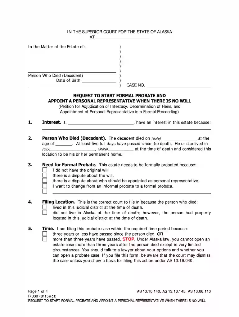 P-330 Request to Start Formal Probate and Appoint a Personal Preview on Page 1