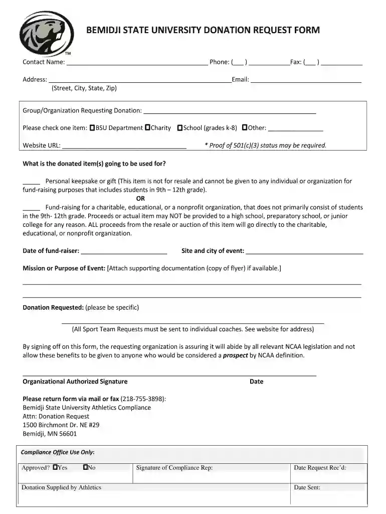 BEMIDJI STATE UNIVERSITY DONATION REQUEST FORM Preview on Page 1