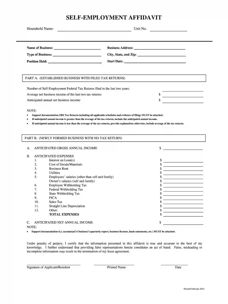 affidavit of self employment Preview on Page 1