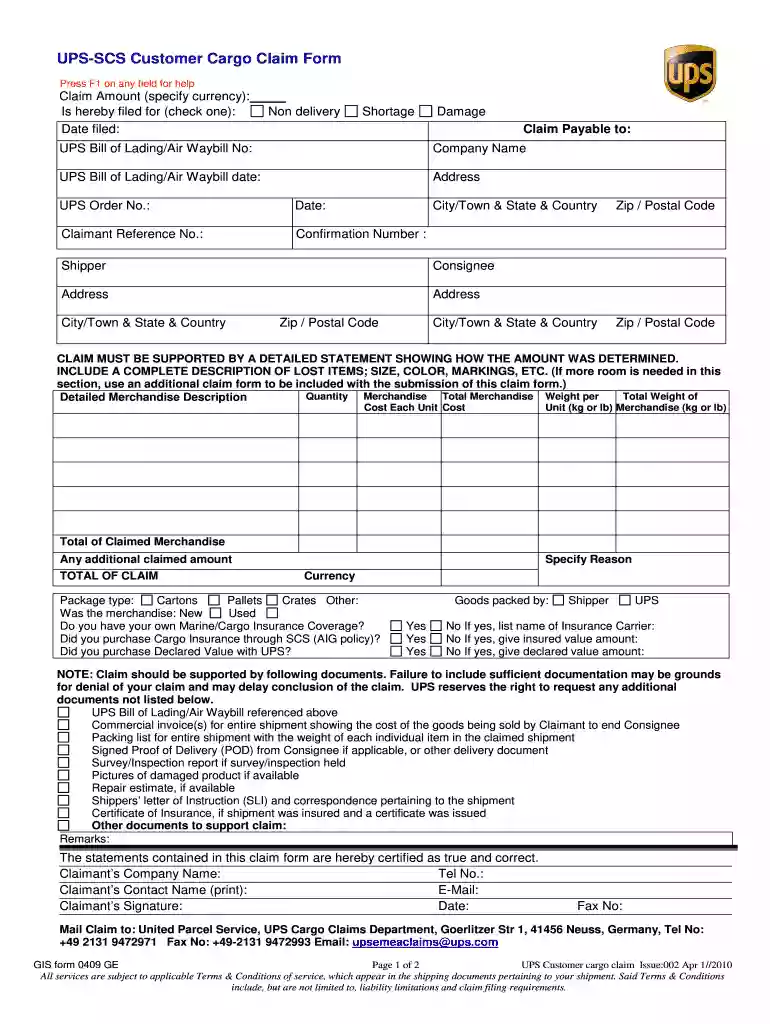 ups complaint form Preview on Page 1
