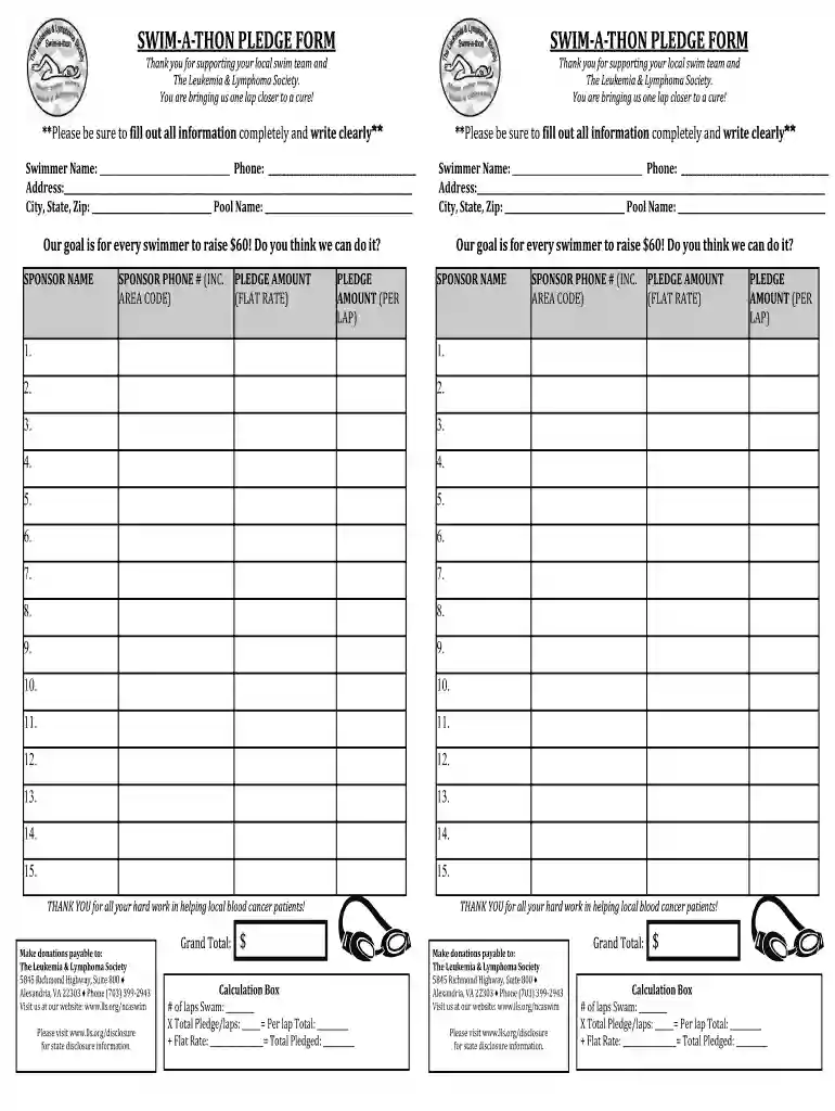 swim a thon pledge form Preview on Page 1