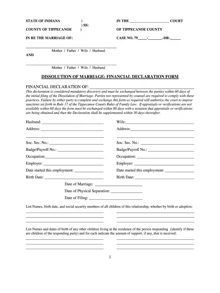 financial declaration form indiana Preview on Page 1