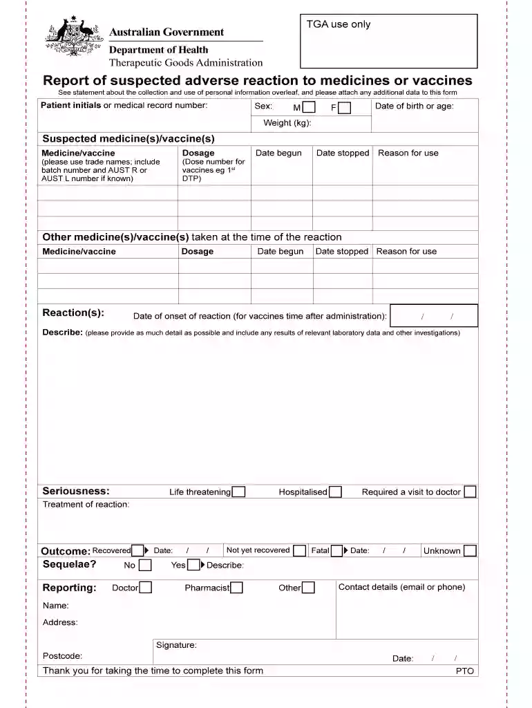 Blue Card - Report of suspected adverse reaction to medicines or vaccines reporting problems Preview on Page 1