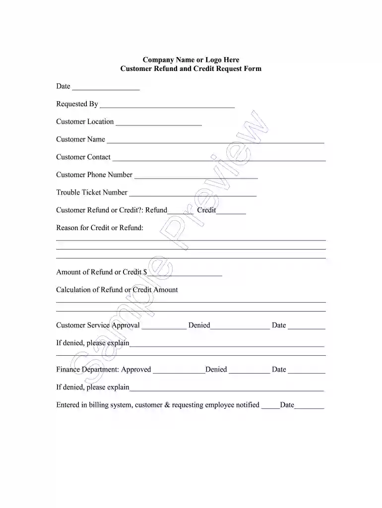 Company Name or Logo Here Customer Refund and Credit Request Form Preview on Page 1
