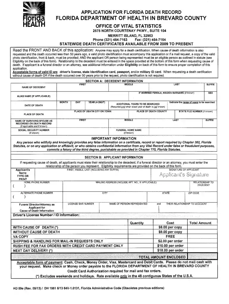 florida death certificate example Preview on Page 1