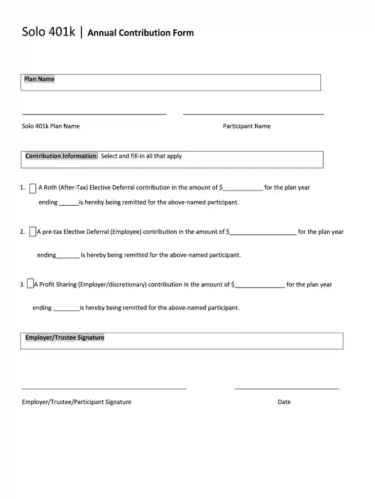 Solo 401k Contribution Form Preview on Page 1
