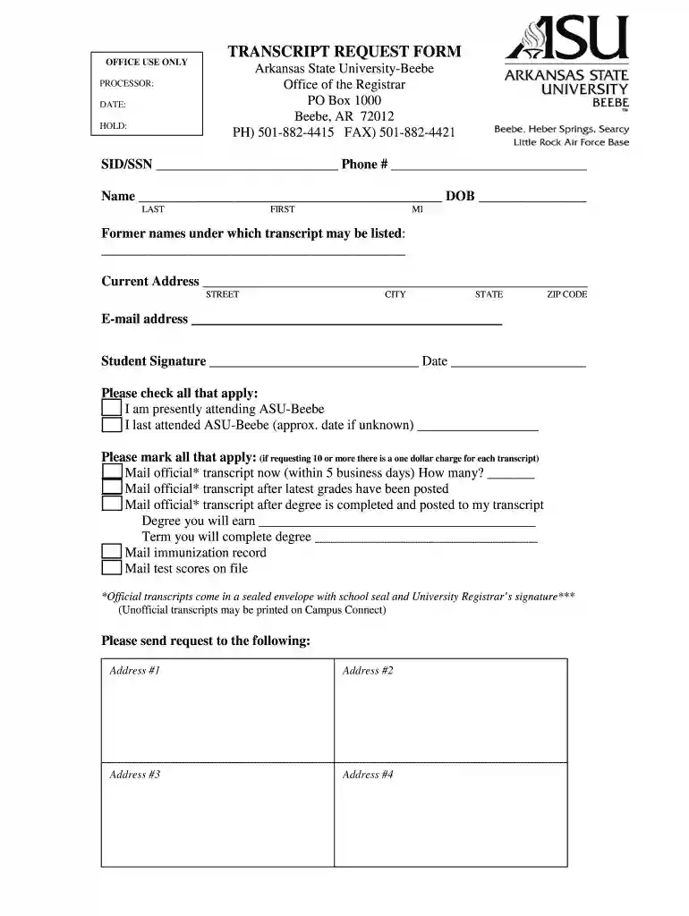 asu beebe transcript request Preview on Page 1