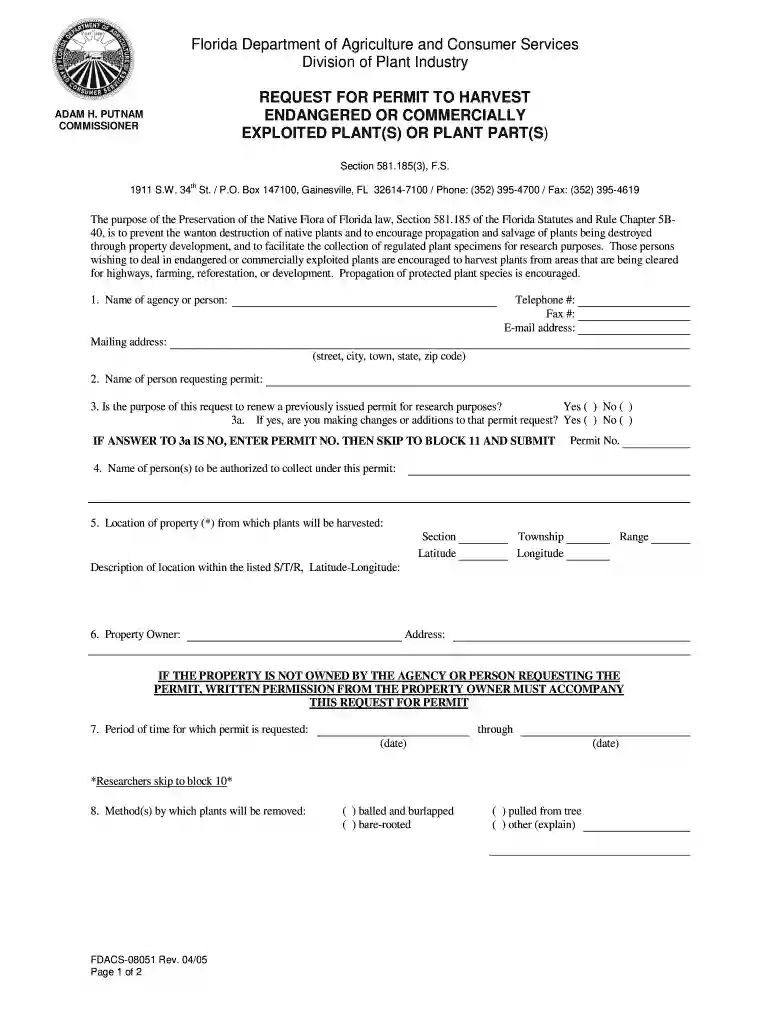 Request for Permit to Harvest Endangered or ... - forms.freshfromfl... Preview on Page 1
