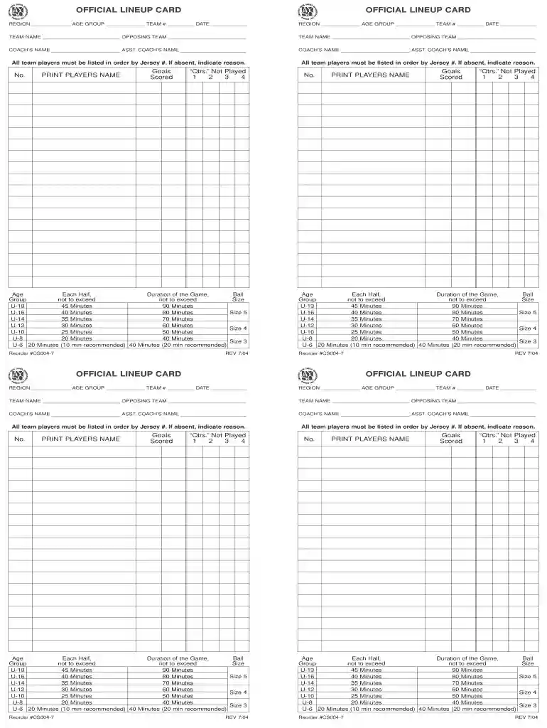 ayso lineup card Preview on Page 1