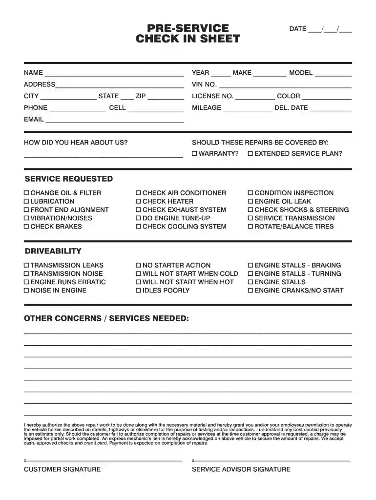 automotive pre service check in sheet Preview on Page 1