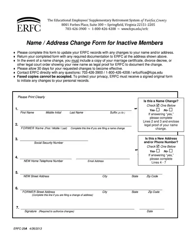 Address/Name Change Inactive (Non-retired) Members - ERFC-29A Preview on Page 1