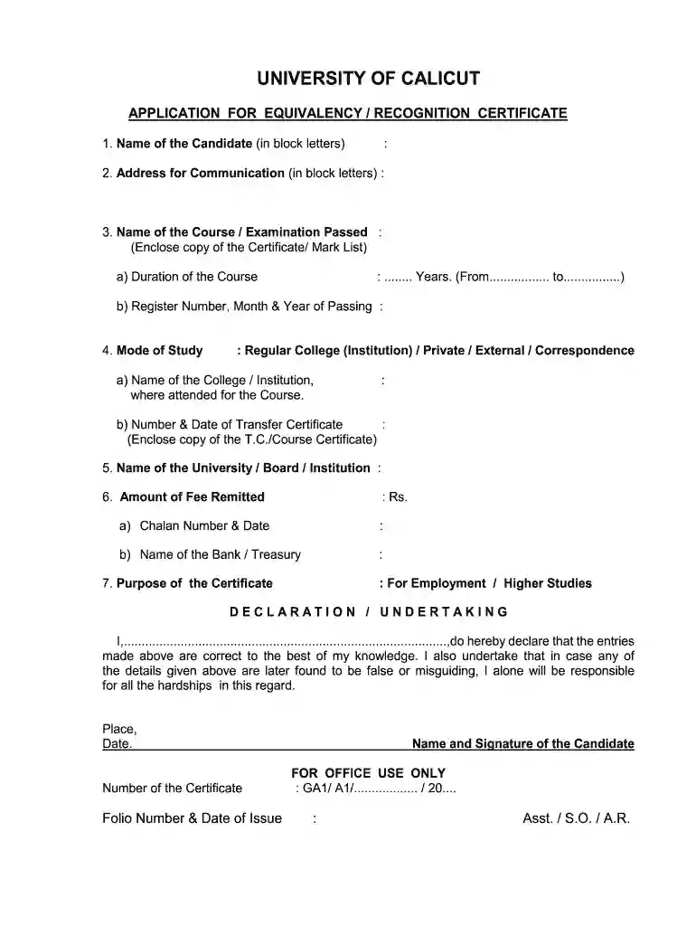 calicut university equivalency certificate Preview on Page 1