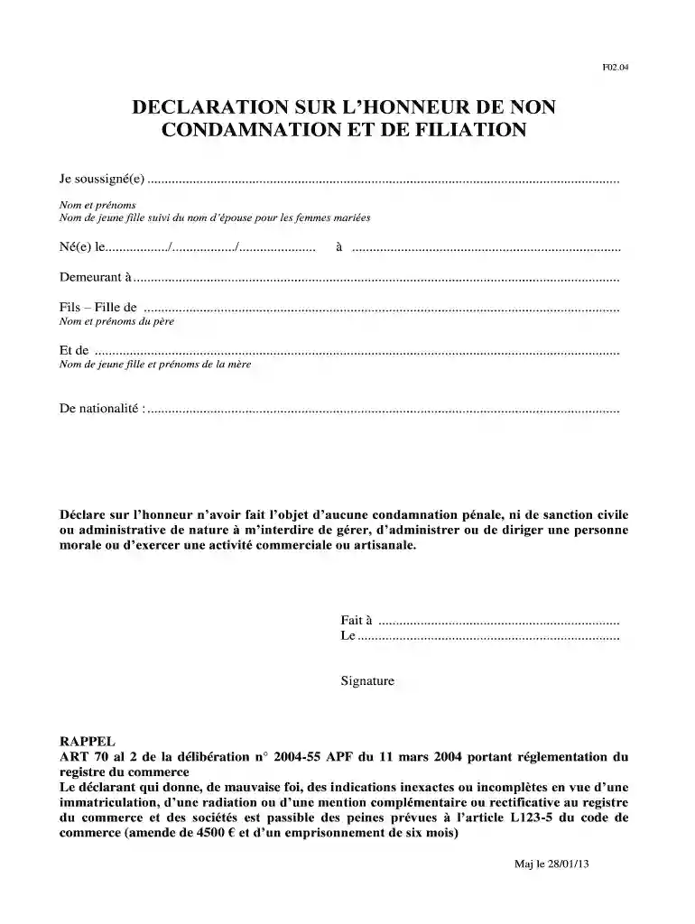 Declaration sur l'honneur de non condamnation et de filiation - CCISM Preview on Page 1