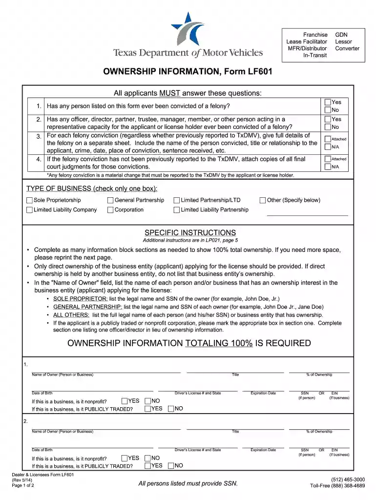OWNERSHIP INFORMATION Form LF601 OWNERSHIP - txdmv Preview on Page 1