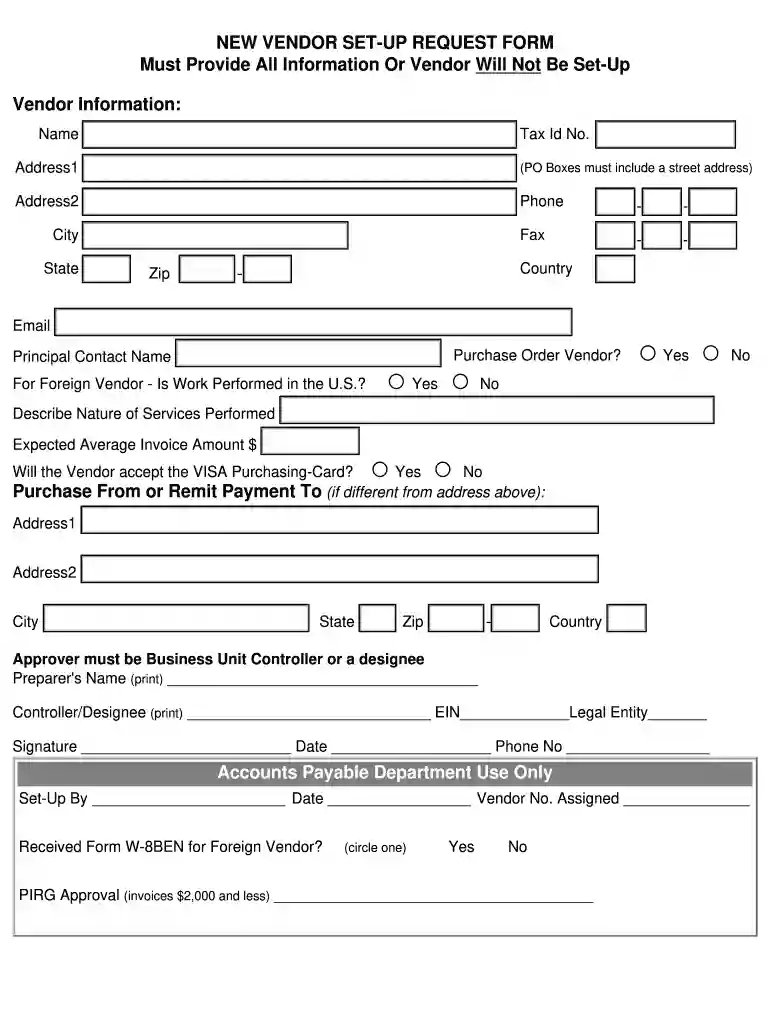 vendor setup form Preview on Page 1