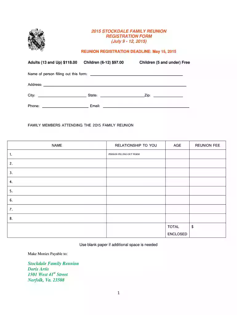 family reunion registration form Preview on Page 1
