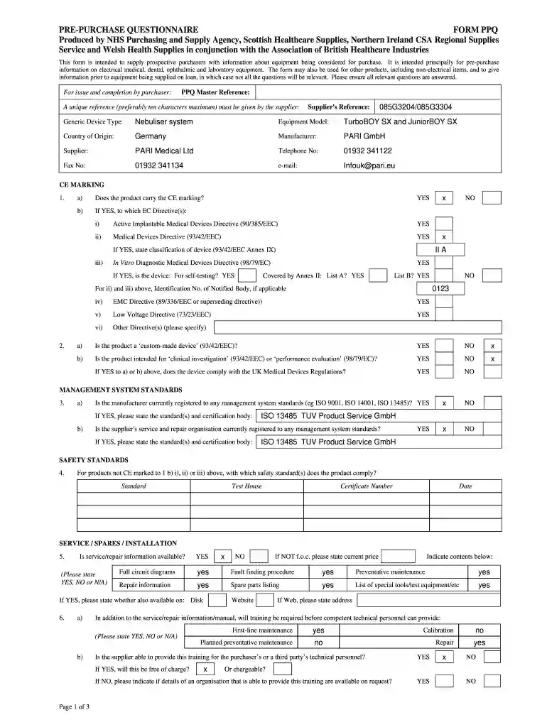 pre purchase questionnaire Preview on Page 1