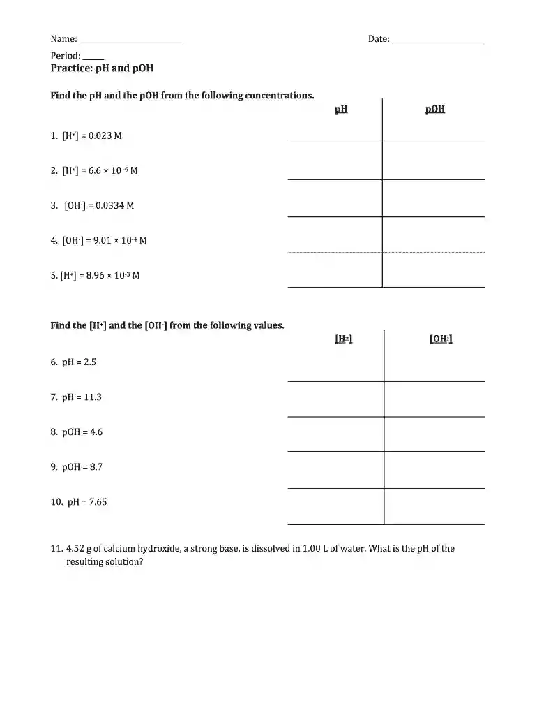 ph and poh calculations worksheet Preview on Page 1