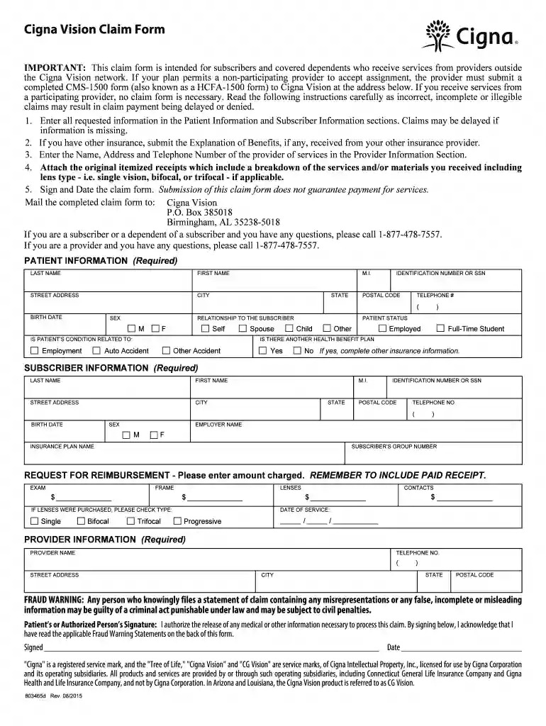 cigna vision claim form Preview on Page 1