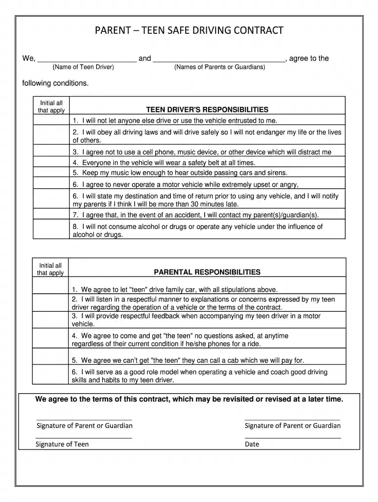 parent teen driving contract template Preview on Page 1