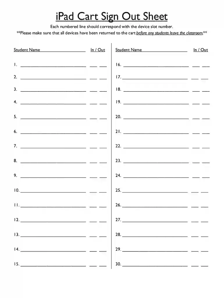 ipad sign out sheet Preview on Page 1